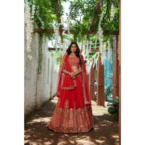 Women's Bridal Embroidery Red Semi Stitched Lehenga