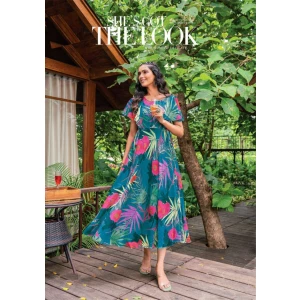 Women's Long Printed Gown with Fancy Sleeves Pattern