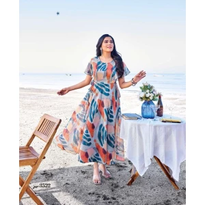 Women's Long Printed Gown with Fancy Sleeves Pattern