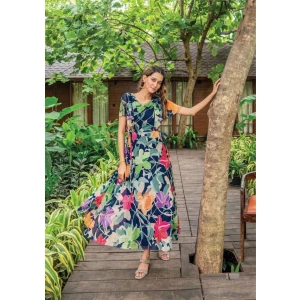 Women's Long Printed Gown with Fancy Sleeves Pattern