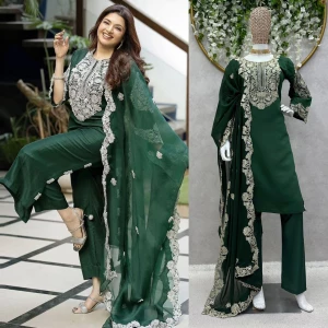 Women's Beautiful Green Embroidery Kurta, Pant and Dupatta Set