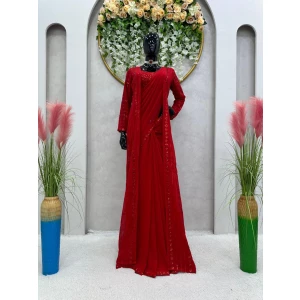 Women's Red Fancy Designer Saree With Shrug