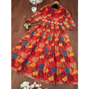 Women's Red Floral Maxy gown with Belt