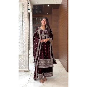 Women's Silk And Heavy Embroidery Sequence Work Top-Bottom And Dupatta Palazzo Set