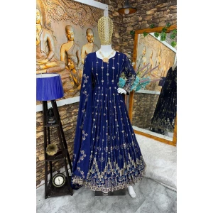 Women's Heavy Embroidery Blue Gown With Dupatta