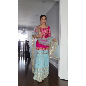 Women's Heavy Designer Georgette Top And Palazzo With Dupatta Set