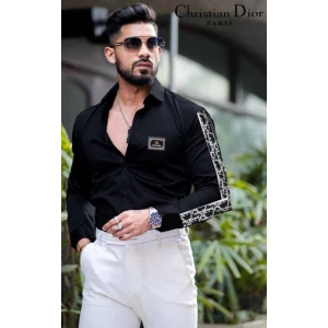 Men's Christian Dior Side Strip CD Printed Casual Partywear Black Shirt