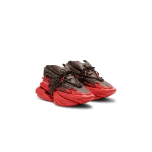 Mens Balmain Unicorn Red Black Sneakers In Neoprene And Monogram Leather