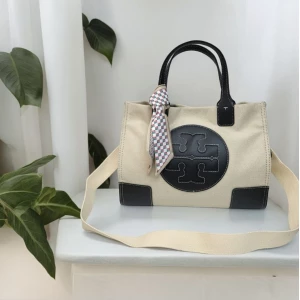 Tory Burch Ella Nylon & Canvas White Tote Bag with Black Logo