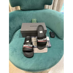 Men’s Balenciaga Pepsi Logo Pool Slides Black Flip Flops