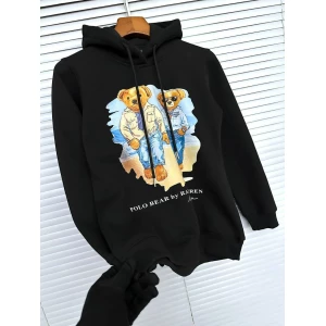 Women's Ralph Lauren Polo Bear Premium Black Winter Hoodie Sweatshirt