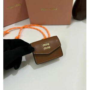 Unisex Miu Miu Mini Leather Pouch Bag Charm With Orange Cord