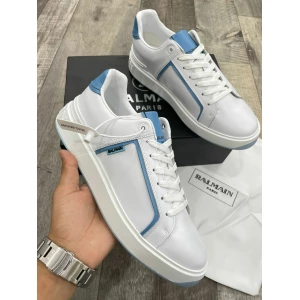 Men's Balmain B Court White & Blue Luxury Leather Sneakers